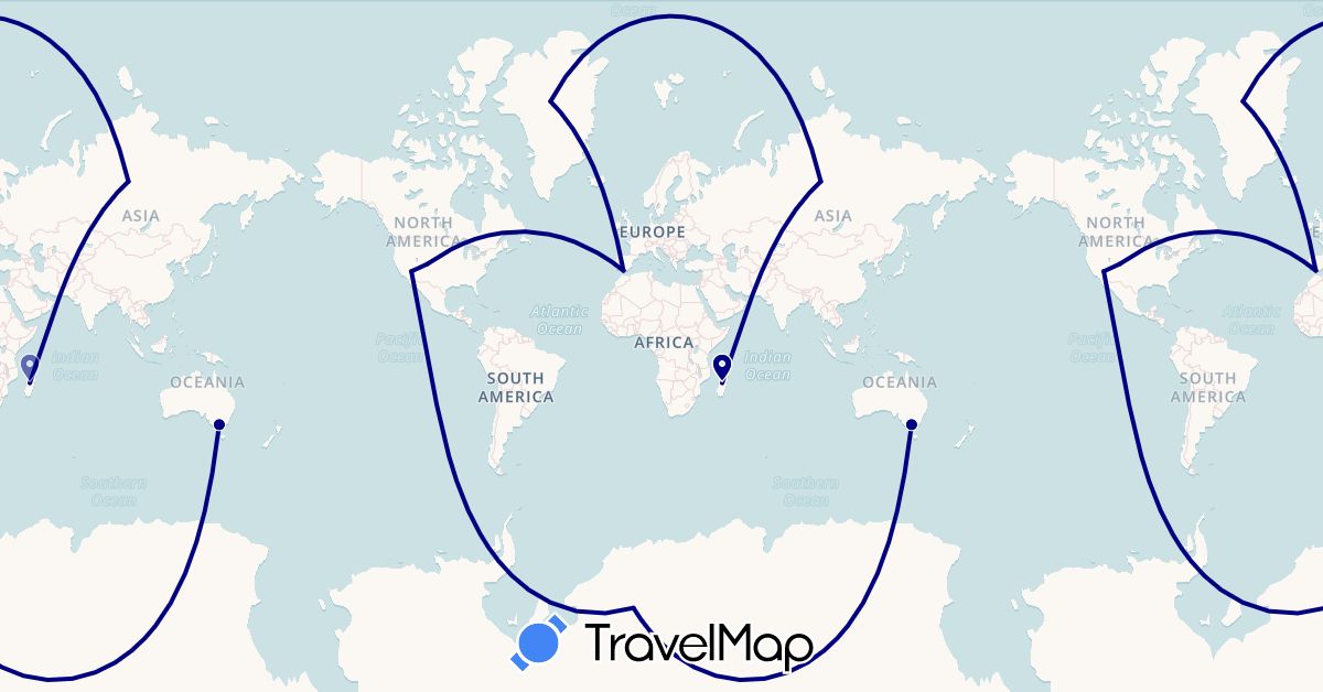 TravelMap itinerary: driving in Australia, Spain, Greenland, Madagascar, Russia, United States (Africa, Europe, North America, Oceania)